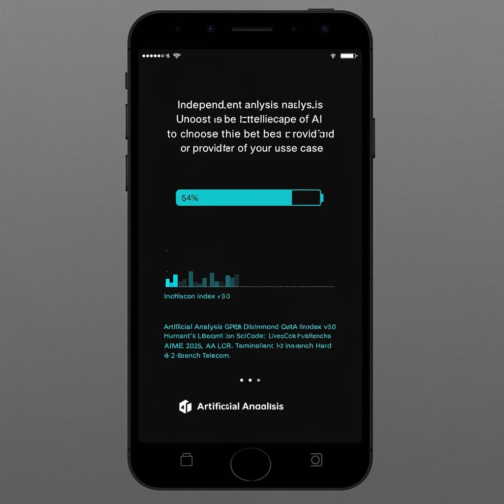 On a black smartphone UI with rounded corners, display a centered text block in white San Francisco font, 16pt: “Independent analysis of AI - Understand the AI landscape to choose the best model and provider for your use case.” Below, in neon cyan, monospace font, smaller size: “Artificial Analysis Intelligence Index v3.0 incorporates 10 evaluations: MMLU-Pro, GPQA Diamond, Humanity's Last Exam, LiveCodeBench, SciCode, AIME 2025, IFBench, AA-LCR, Terminal-Bench Hard, 𝜏²-Bench Telecom.” The second block scrolls horizontally as a ticker. The battery icon in the status bar shows 54%. The Artificial Analysis logo appears faintly, embossed into the bottom navigation bar.