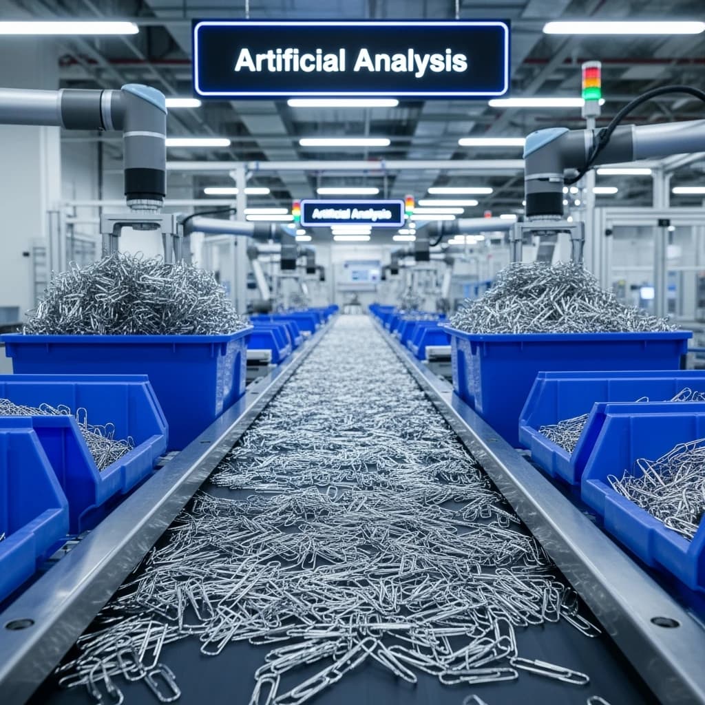 Close up point of view perspective on a conveyor belt pumping out paperclips at a maddening pace. The high tech factory has Artificial Analysis printed proudly on the wall. Robot staff look approvingly over the robust output.