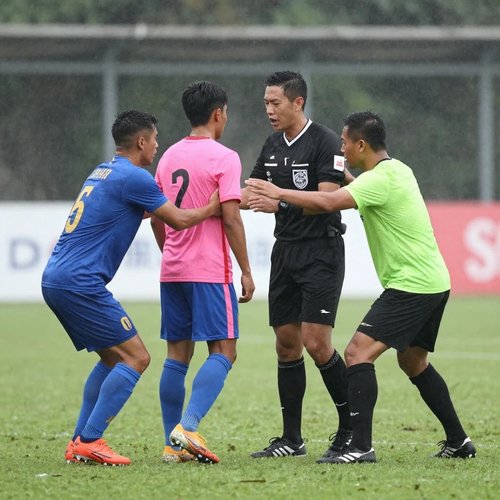 The soccer player clashes with the ref. It is thick and humid and the heat is getting to the players. His friend tries to pull him off before he causes any more trouble.