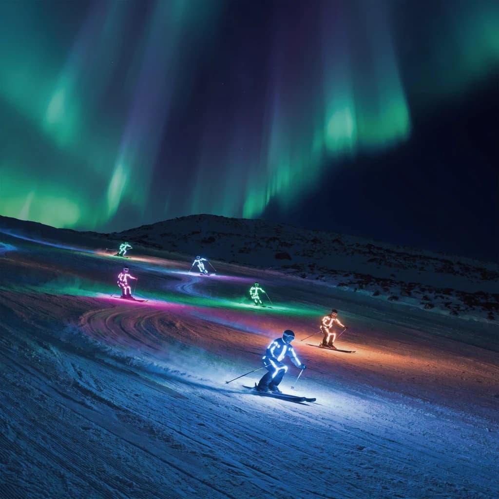 Coronet Peak Night Skiing: Skiers in colorful LED suits carve their way down the slopes of New Zealand's Coronet Peak under the Aurora Borealis, the skiers' light trails visible behind them