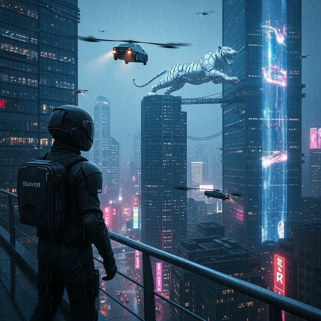Rain-soaked neon megacity at night, flying taxis weave between glass towers, giant holograms flicker; a lone courier in a matte exosuit, somewhat cinematic wide angle.