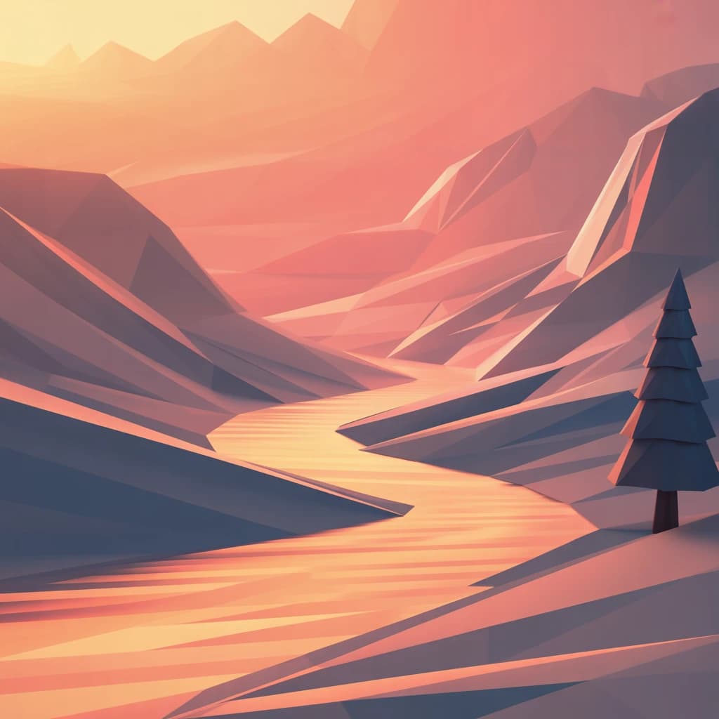 Render a low-poly alpine valley at sunset, clean gradients, long shadows.