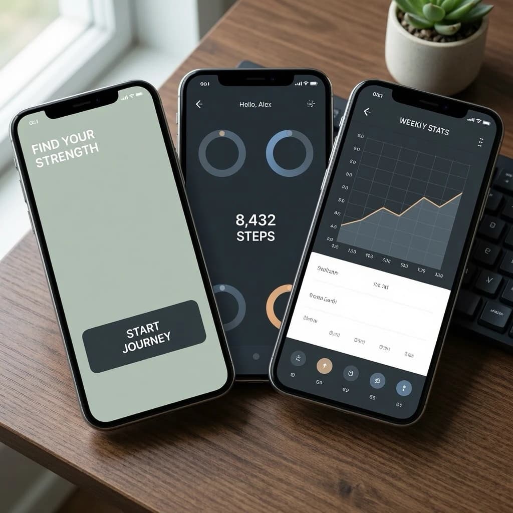 Sleek mobile fitness app screens on a desk: dark mode home, progress dashboard, simple onboarding, clear 8 pt grid, slightly oversized buttons for thumb reach, muted colors.