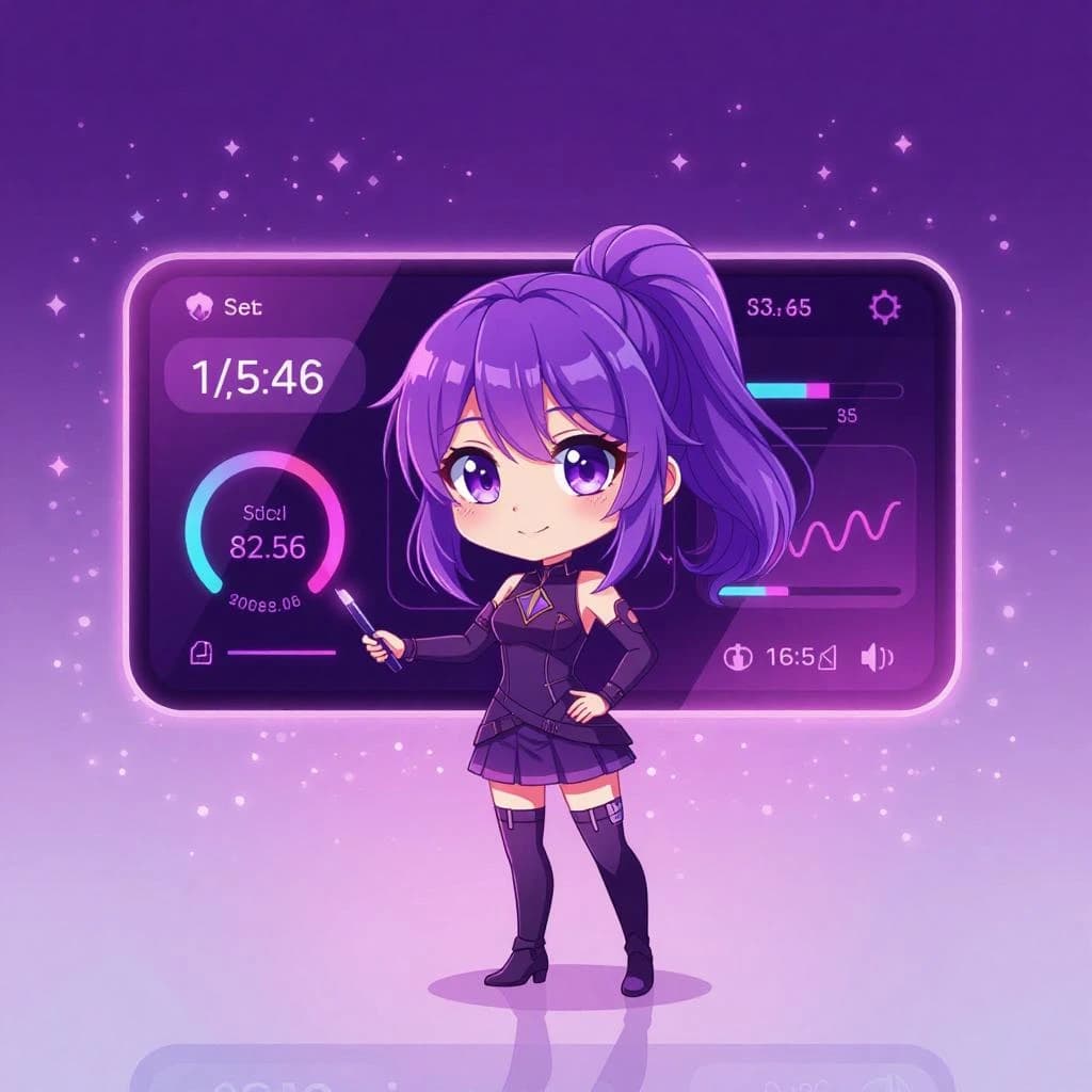 A chibi artist crafts a sleek mobile dashboard, neon pastel glow.