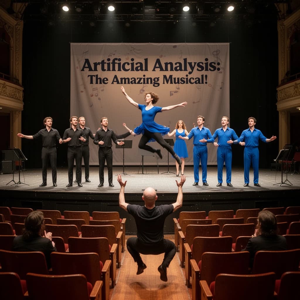 The musical troupe do a rehearsal in a large, empty theatre. 9 people are on the stage, half wear black and the others wear blue. The skinny bald director, seated in the second row, is practically leaping out of their seat with excitement as the leads nail their aerial. A giant banner reading "Artificial Analysis: The Amazing Musical!" is behind the actors.