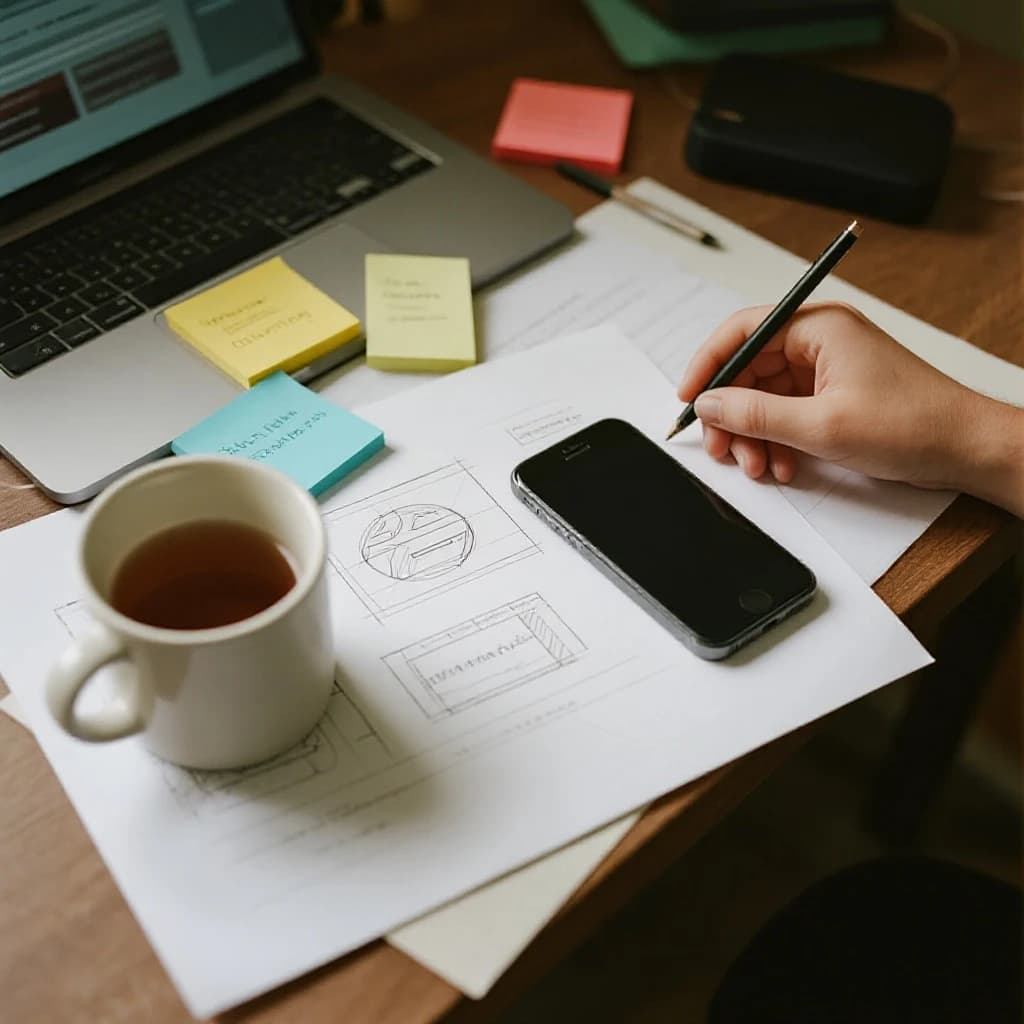 Close-up photo shows a messy desk, wireframes, sticky notes, mobile mockup, mug.