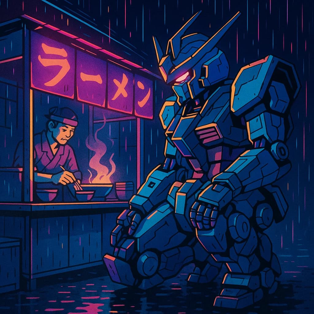 Neon rain falls as a cel-shaded mecha kneels by a ramen stall, midnight vibes.