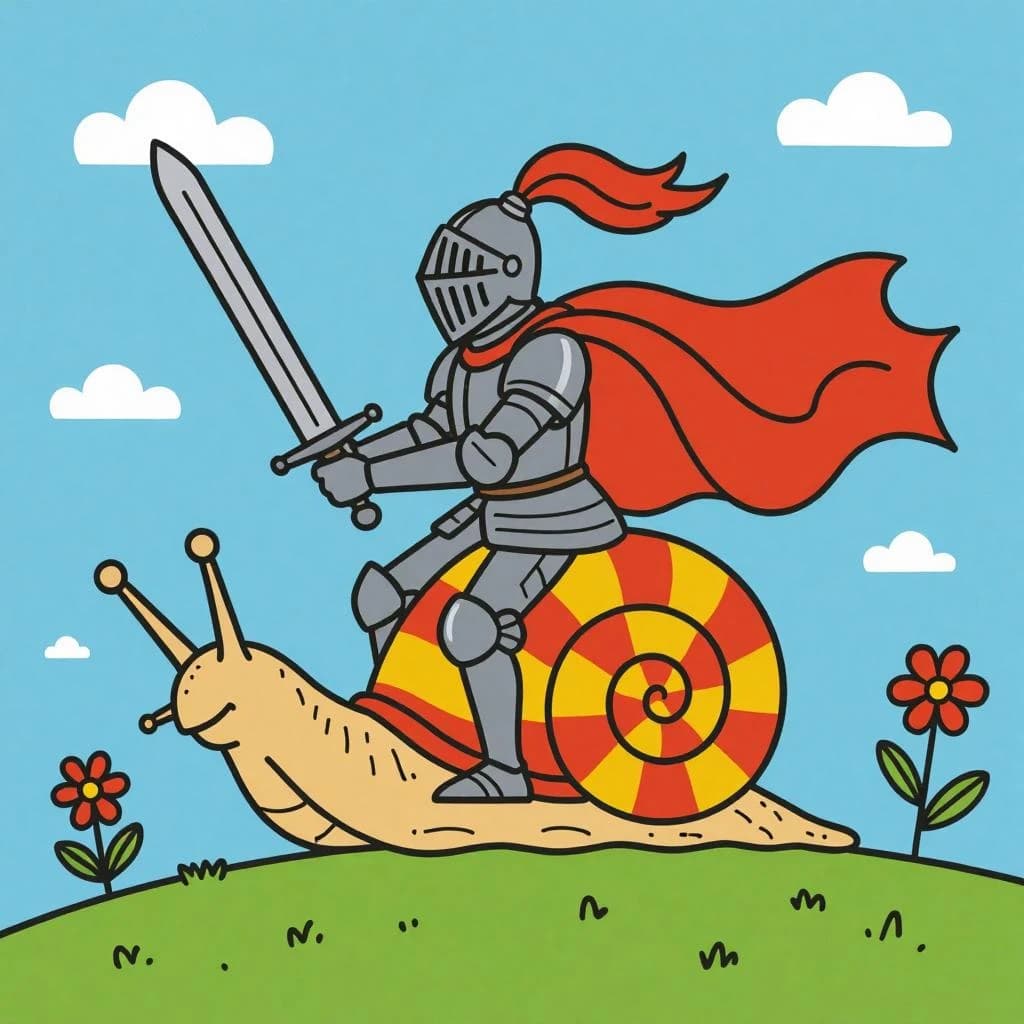 A knight rides a snail, bold lines, flat color.