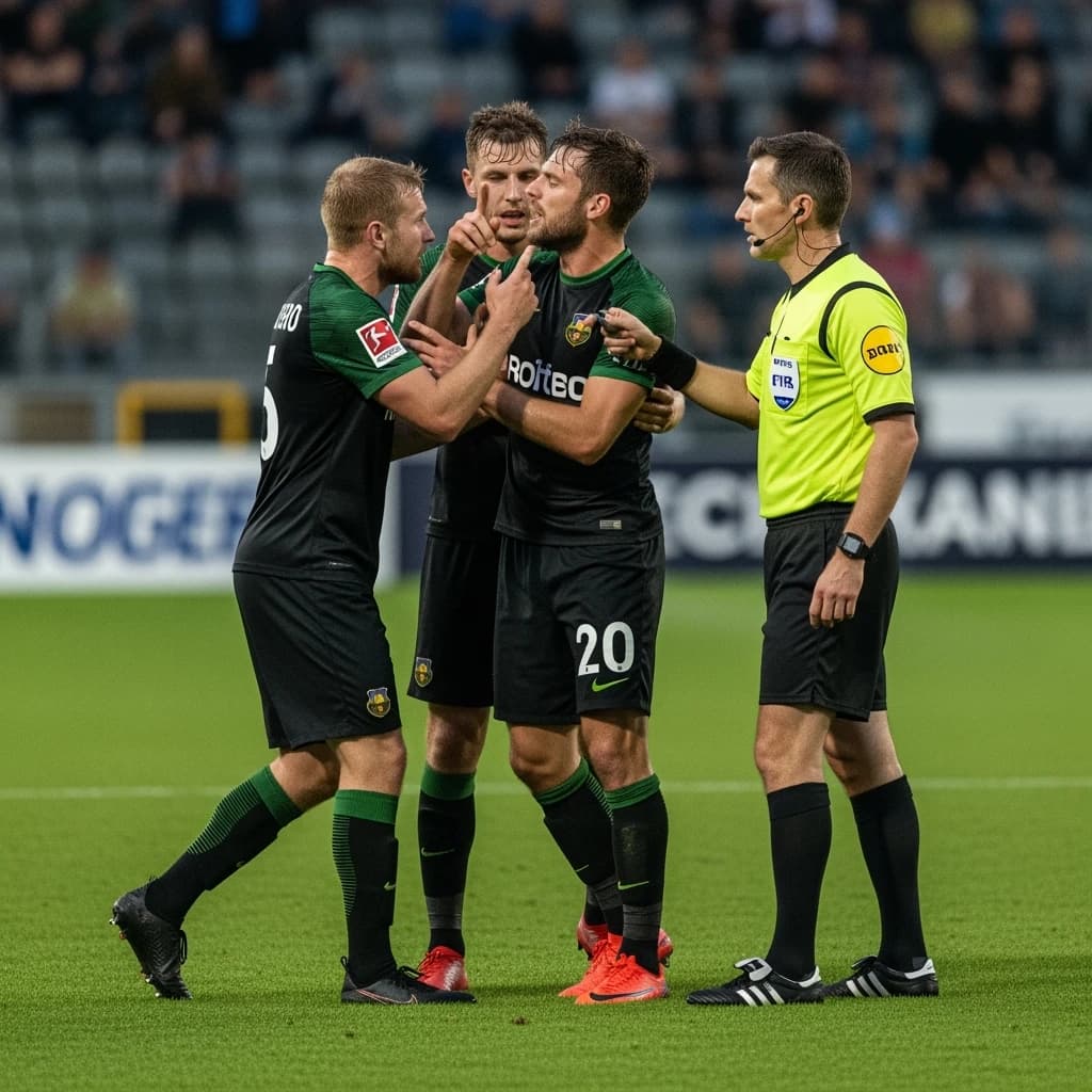 The soccer player clashes with the ref. It is thick and humid and the heat is getting to the players. His friend tries to pull him off before he causes any more trouble.