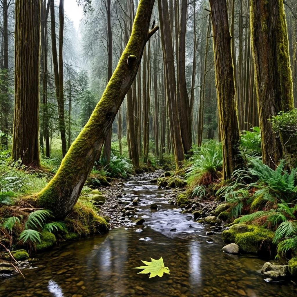The forest is saturated green, trees identical in height and width, trunks straight, bark texture repeating. One trunk leans diagonally yet the branches remain vertical. The moss is emerald, glistening, though each patch forms identical diamond shapes. A stream runs straight, perfectly linear, water clear, reflecting clouds not visible in the sky. No animals, no insects, but one leaf floats on the water, doubled, showing two overlapping shadows.