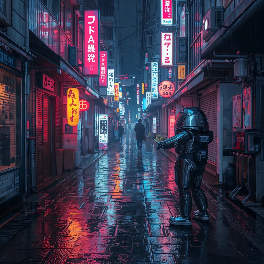 Neon-lit Tokyo alley, rain-slick cobblestones, a chrome android checks a map.