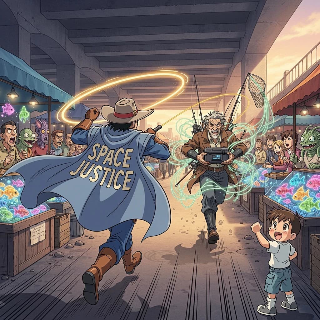 The space cowboy chases the deranged fisherman underneath the causeway, eager to collect on his bounty. Fishing rods and lines hang off the back off the fishermen as he darts between the bustling market crowd. We see the back of the space cowboy in his space poncho emblazoned with the words SPACE JUSTICE, spinning his lasso over his head. A child on the sidelines excitedly cheers the cowboy. 1990s hand drawn anime style with strong fluidity