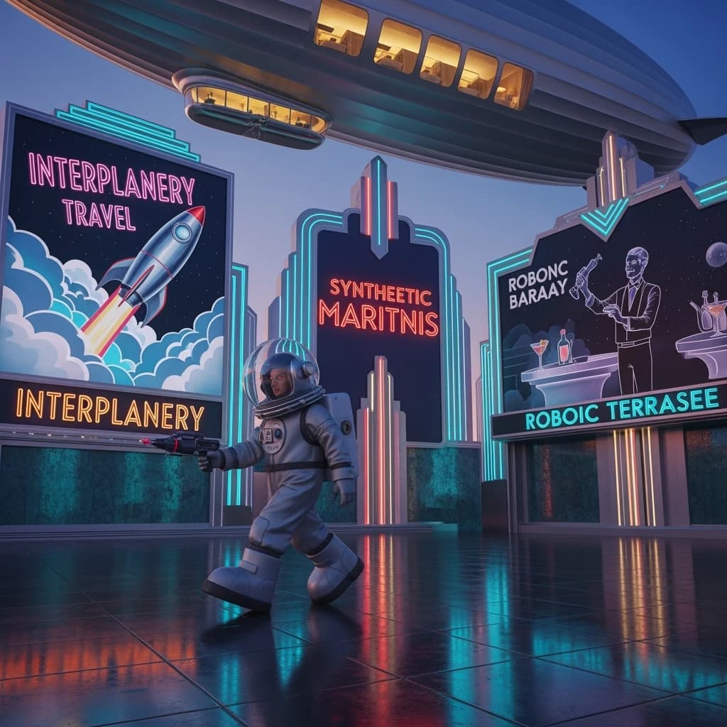 Raygun-toting astronaut in a bubble helmet strolls past art deco billboards.