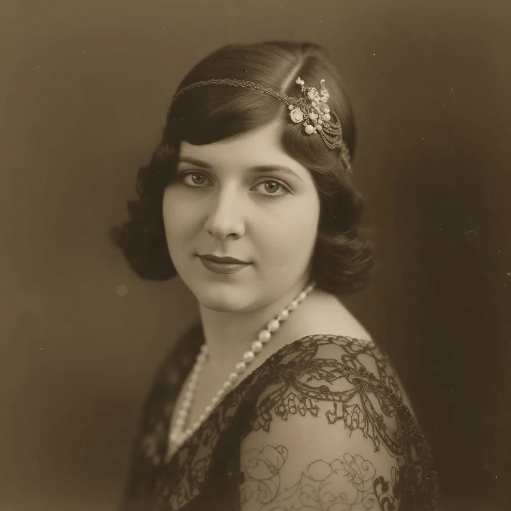 Sepia-toned studio portrait of a flapper with pearl necklace, soft grain.