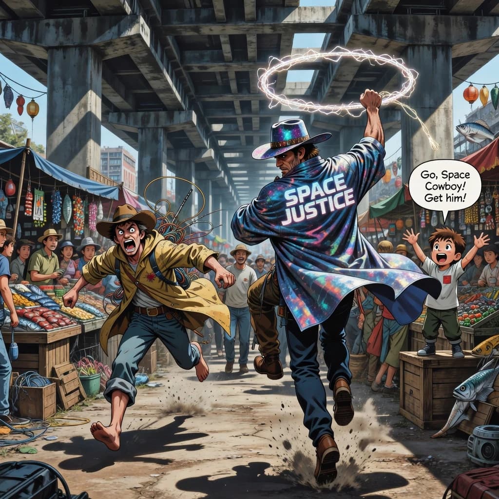 The space cowboy chases the deranged fisherman underneath the causeway, eager to collect on his bounty. Fishing rods and lines hang off the back off the fishermen as he darts between the bustling market crowd. We see the back of the space cowboy in his space poncho emblazoned with the words SPACE JUSTICE, spinning his lasso over his head. A child on the sidelines excitedly cheers the cowboy. 1990s hand drawn anime style with strong fluidity