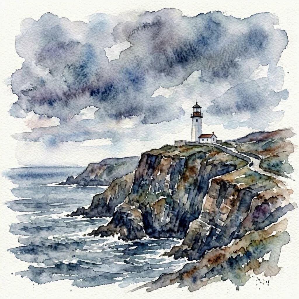 Please paint a watercolor of stormy cliffs and a lighthouse, moody sky.
