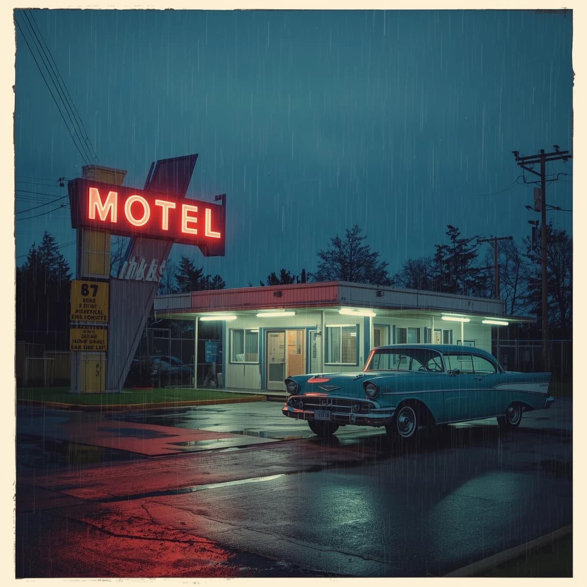 Show an old roadside motel under neon at midnight, rain on asphalt, a teal classic coupe parked; a bit of film grain, slightly faded pastels, halftone print, paper texture.