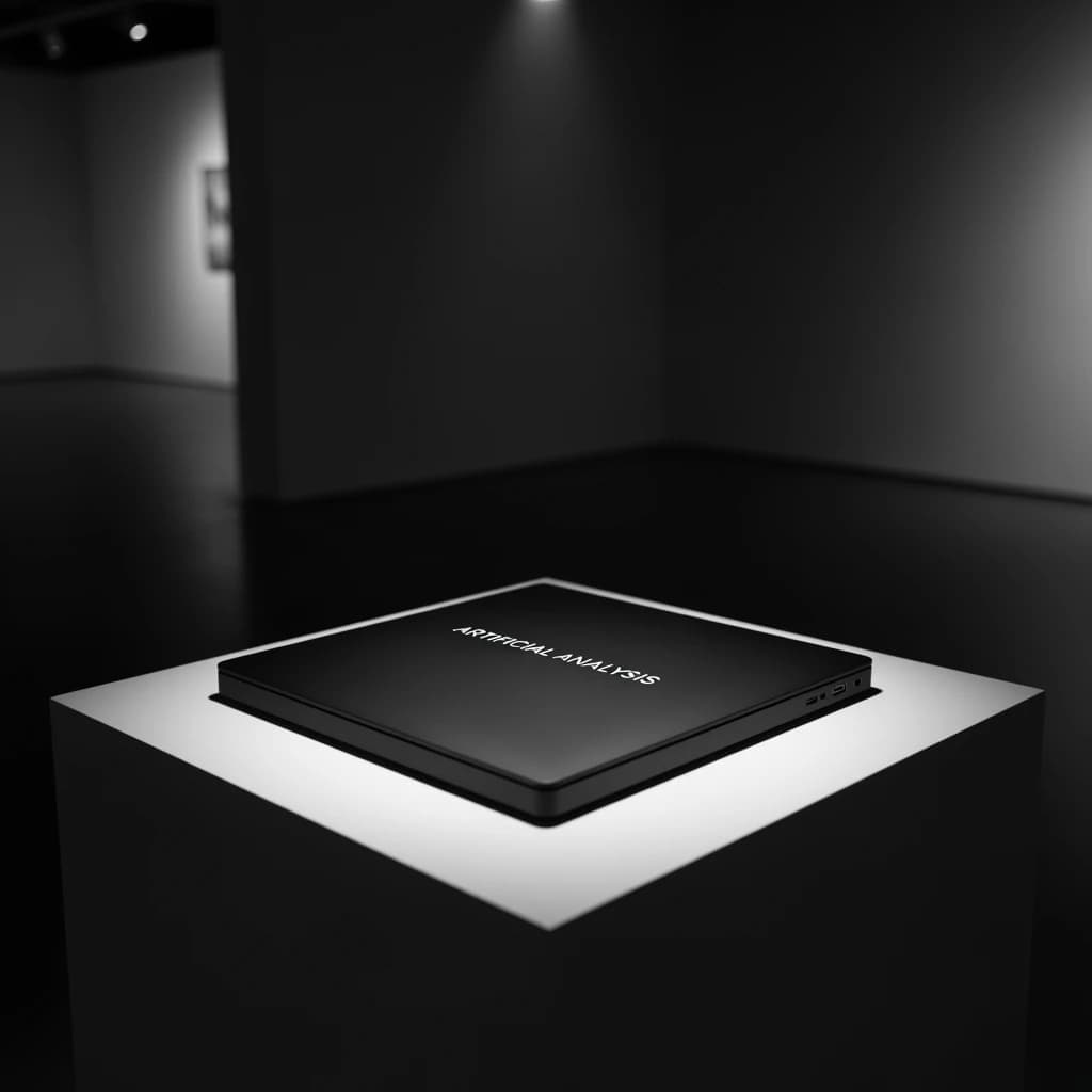 A premium matte black laptop-sized box rests on a pure white pedestal within a gallery space. Overhead, a single spotlight carves sharp contrast, leaving the edges in deep shadow. The brand name Artificial Analysis is embossed in silver foil, glinting faintly as though it were jewelry.