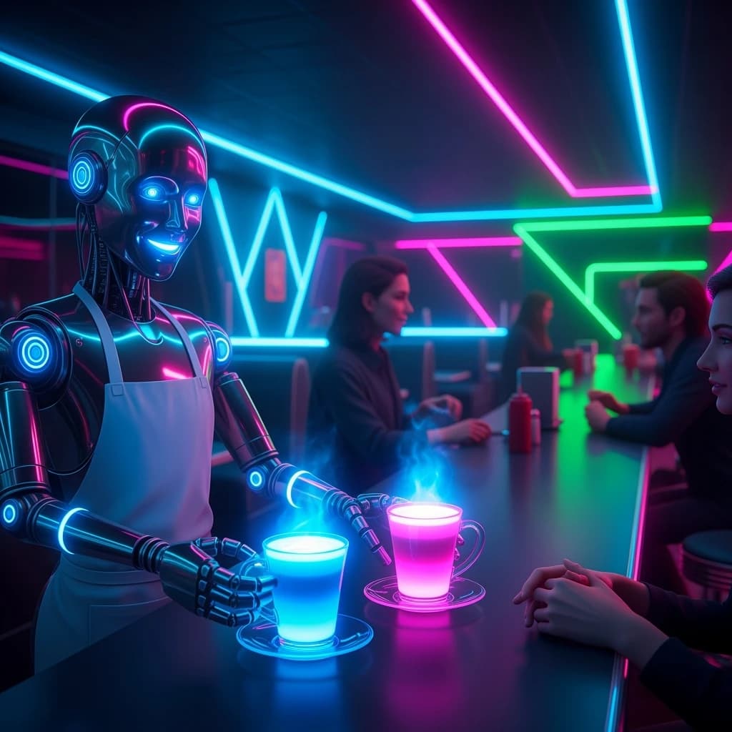 A smiling robot barista serves glowing lattes in a neon diner with bold lines.