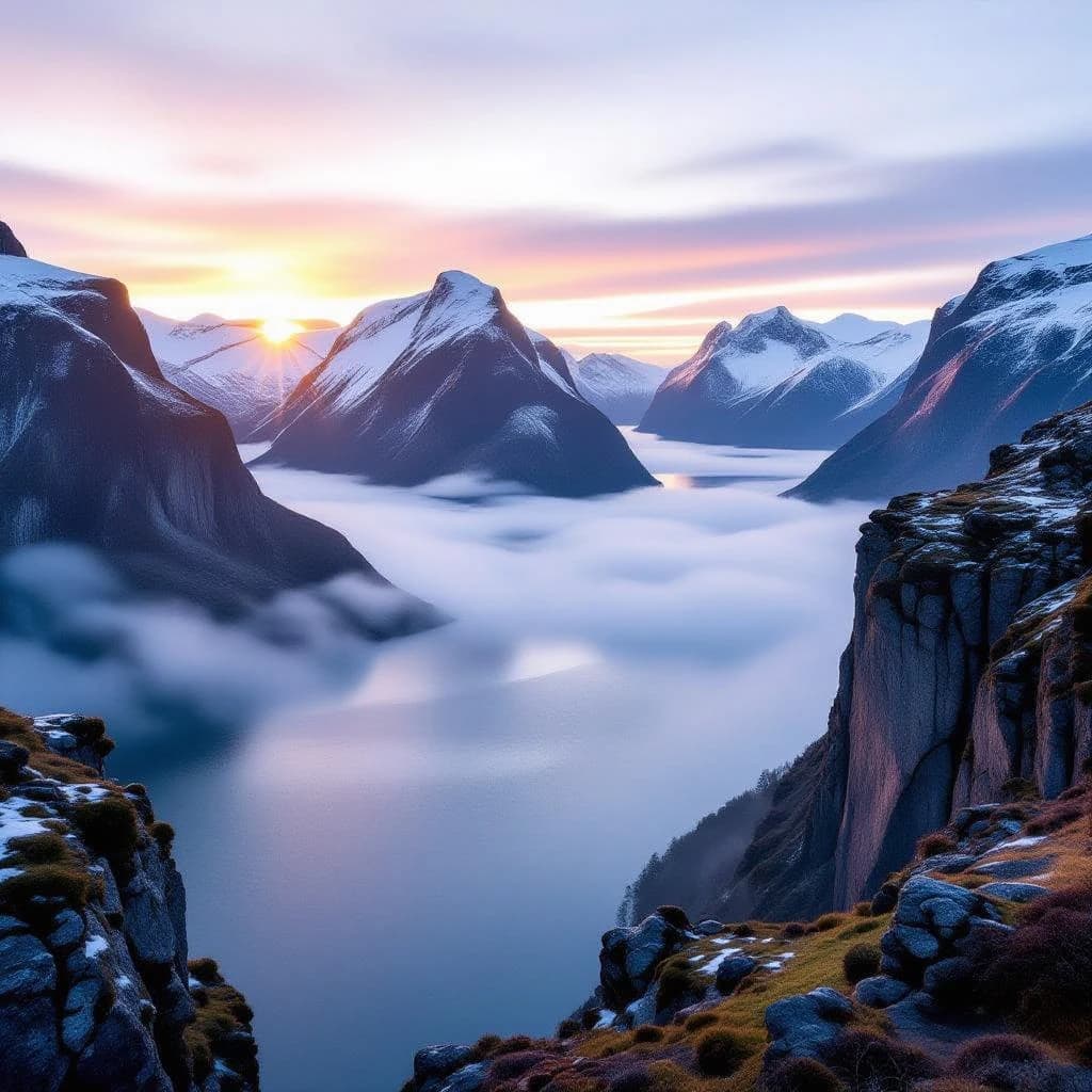 Frame a foggy fjord at sunrise, cliffs looming.