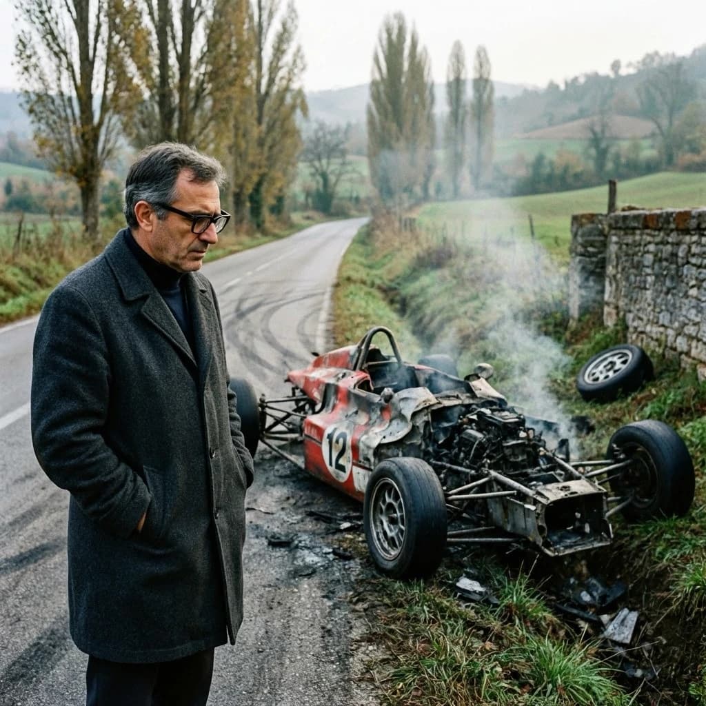 Mario examines the still smouldering wreck of the crash that took his best driver on the side of the country road. He designed this car and caused this. 3 days have passed since the crash. It's 1973 in Northern Italy.