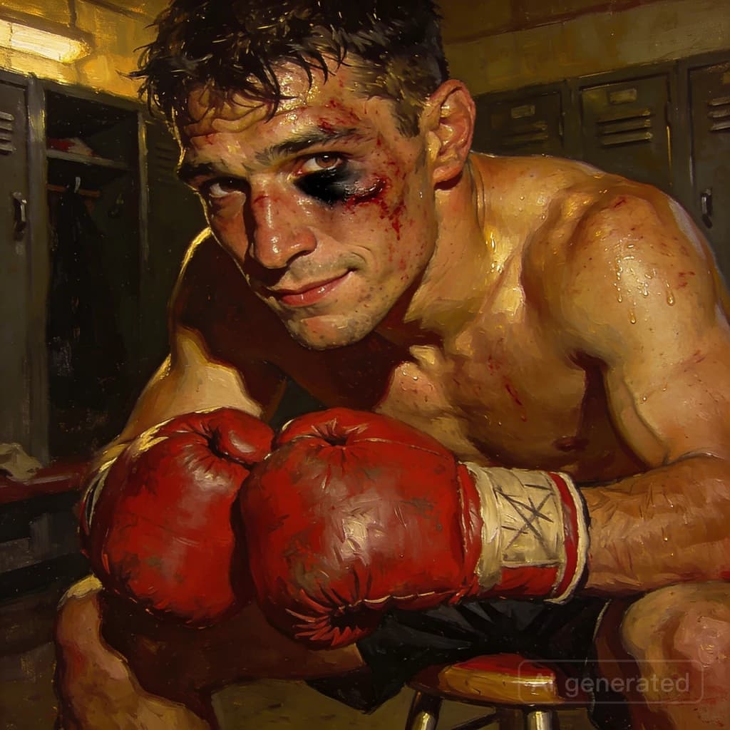 Paint a bruised boxer smiling, serious expression.