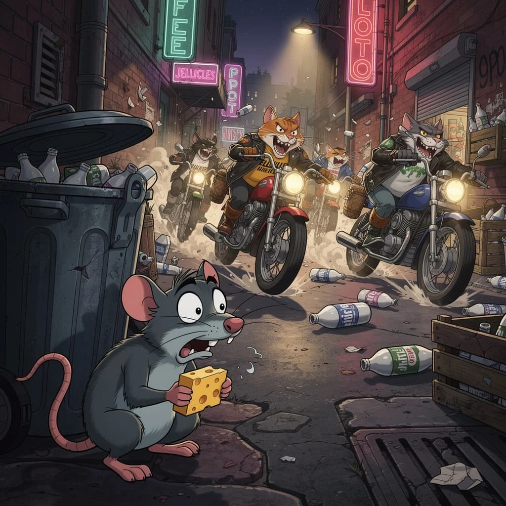 The cartoon rat clenches his thin wedge of cheese and trembles in fear as he hides from the menacing Jellicles, the roaming cat motorcycle gang, all wearing their colors with the name on the back. The cats have all drunk far too much milk and are causing a big ruckus! One cat is close to finding the rat