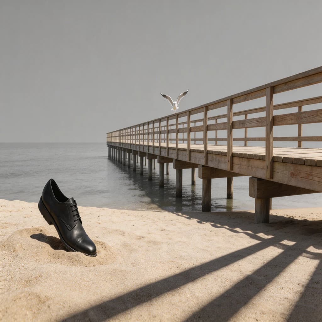 The beach is flat, sand beige, granular, no shells, except for a single left shoe, black leather, size eleven, half buried at an angle. The pier extends straight into the water, wood untreated, grain visible, though the support posts vanish before they touch the surface. The sky is uniformly gray, no clouds, yet shadows stretch at sharp diagonals. A single gull sits on the railing, wings outstretched, frozen mid-flap, no movement.