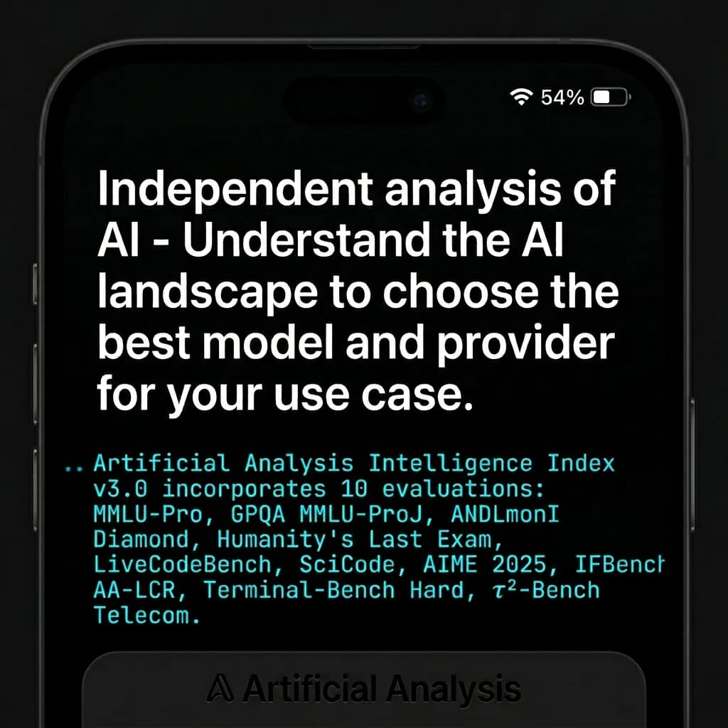 On a black smartphone UI with rounded corners, display a centered text block in white San Francisco font, 16pt: “Independent analysis of AI - Understand the AI landscape to choose the best model and provider for your use case.” Below, in neon cyan, monospace font, smaller size: “Artificial Analysis Intelligence Index v3.0 incorporates 10 evaluations: MMLU-Pro, GPQA Diamond, Humanity's Last Exam, LiveCodeBench, SciCode, AIME 2025, IFBench, AA-LCR, Terminal-Bench Hard, 𝜏²-Bench Telecom.” The second block scrolls horizontally as a ticker. The battery icon in the status bar shows 54%. The Artificial Analysis logo appears faintly, embossed into the bottom navigation bar.