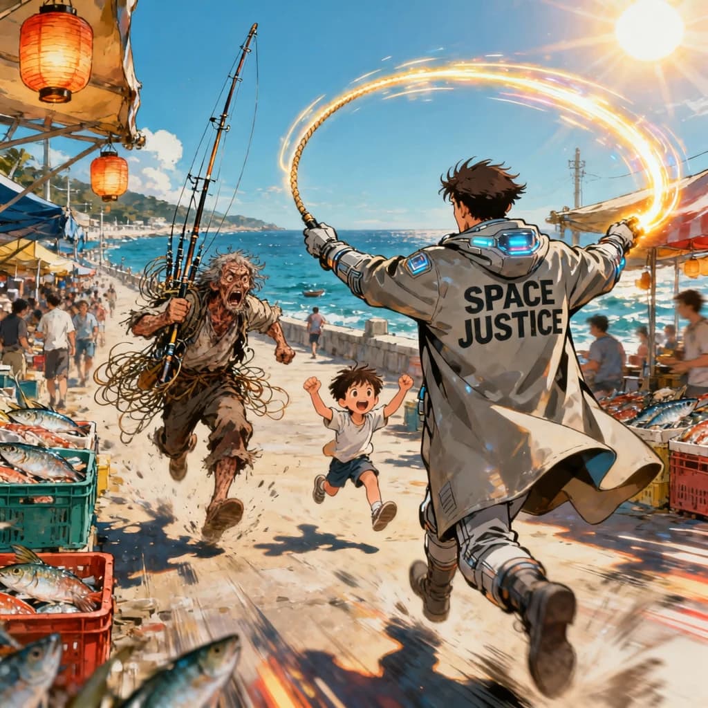 The space cowboy chases the deranged fisherman underneath the causeway, eager to collect on his bounty. Fishing rods and lines hang off the back off the fishermen as he darts between the bustling market crowd. We see the back of the space cowboy in his space poncho emblazoned with the words SPACE JUSTICE, spinning his lasso over his head. A child on the sidelines excitedly cheers the cowboy. 1990s hand drawn anime style with strong fluidity