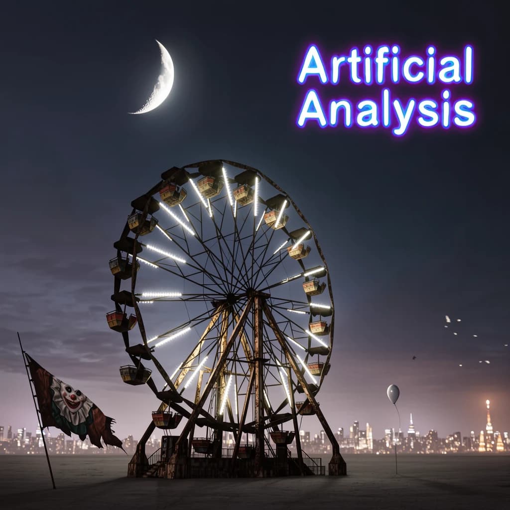 A deserted amusement park glows faintly under a half-moon. The ferris wheel is rusting yet strung with fresh, blinking LED lights. A torn clown banner flaps in a windless air. A lone balloon floats upward, tethered to nothing, while in the far distance city lights flicker on - some neon, some gas lamps as though from another century. 'Artificial Analysis' glows in neon