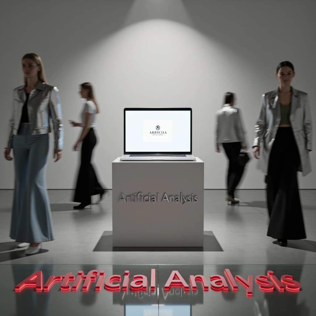 In a spotless gallery space, a pedestal supports a transparent laptop whose screen flickers between static and pristine brand imagery. Shoppers blur past in designer clothes that appear slightly outdated - bell bottoms, metallic jackets. The embossed logo “Artificial Analysis” glints silver, yet its reflection in the glass floor reads in crimson letters. A single spotlight shines, though shadows fall in two directions.