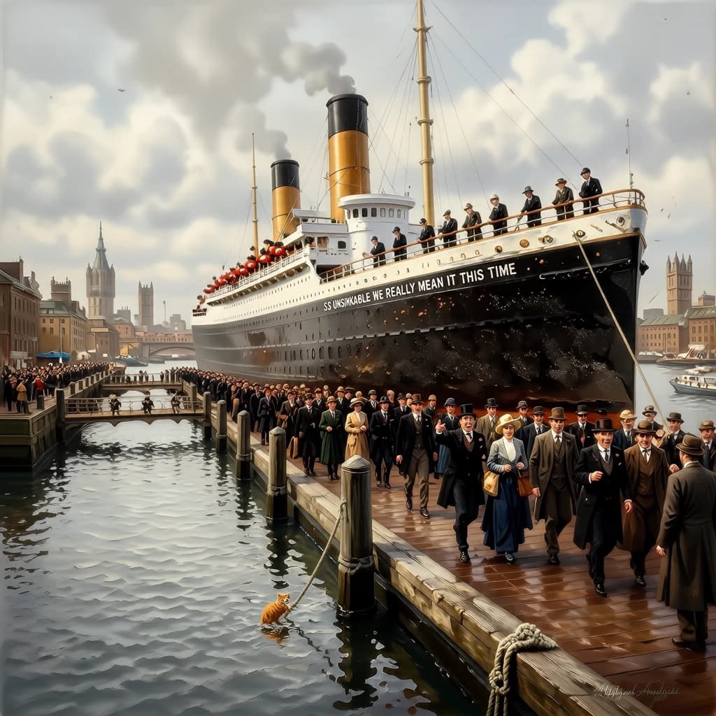An impressionistic painting of the mighty steamer the "SS Unsinkable We Really Mean It This Time" on a cloudy but bright London morning about to set out on her maiden voyage. A jubilant crowd is gathered on the dock around the paunchy mayor who is making a speech, gesticulating wildly with his hands. The gangways are busy with well heeled ladies and gentlemen making their way onto the ship. A cheeky cat hangs over the water, clinging to the mooring rope after an ill-fated attempt to climb up. The artist has signed his name "Artificial Analysis" in the bottom corner