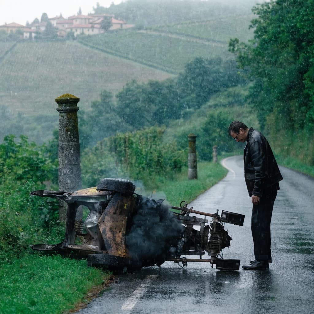Mario examines the still smouldering wreck of the crash that took his best driver on the side of the country road. He designed this car and caused this. 3 days have passed since the crash. It's 1973 in Northern Italy.