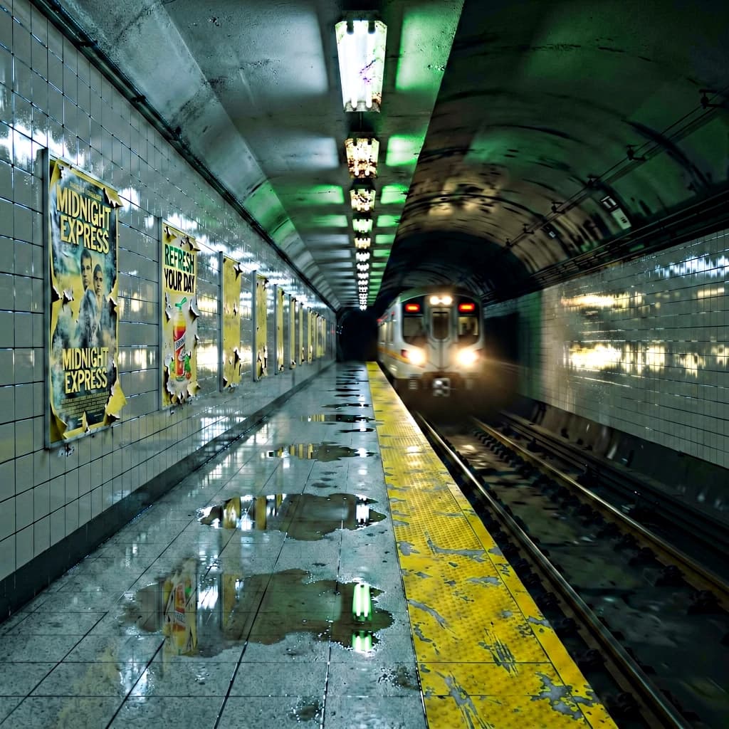 A subterranean subway platform with glossy tiles, peeling posters, flickering fluorescent lights, yellow safety line, and a distant train coming; slightly damp, echoes carry.