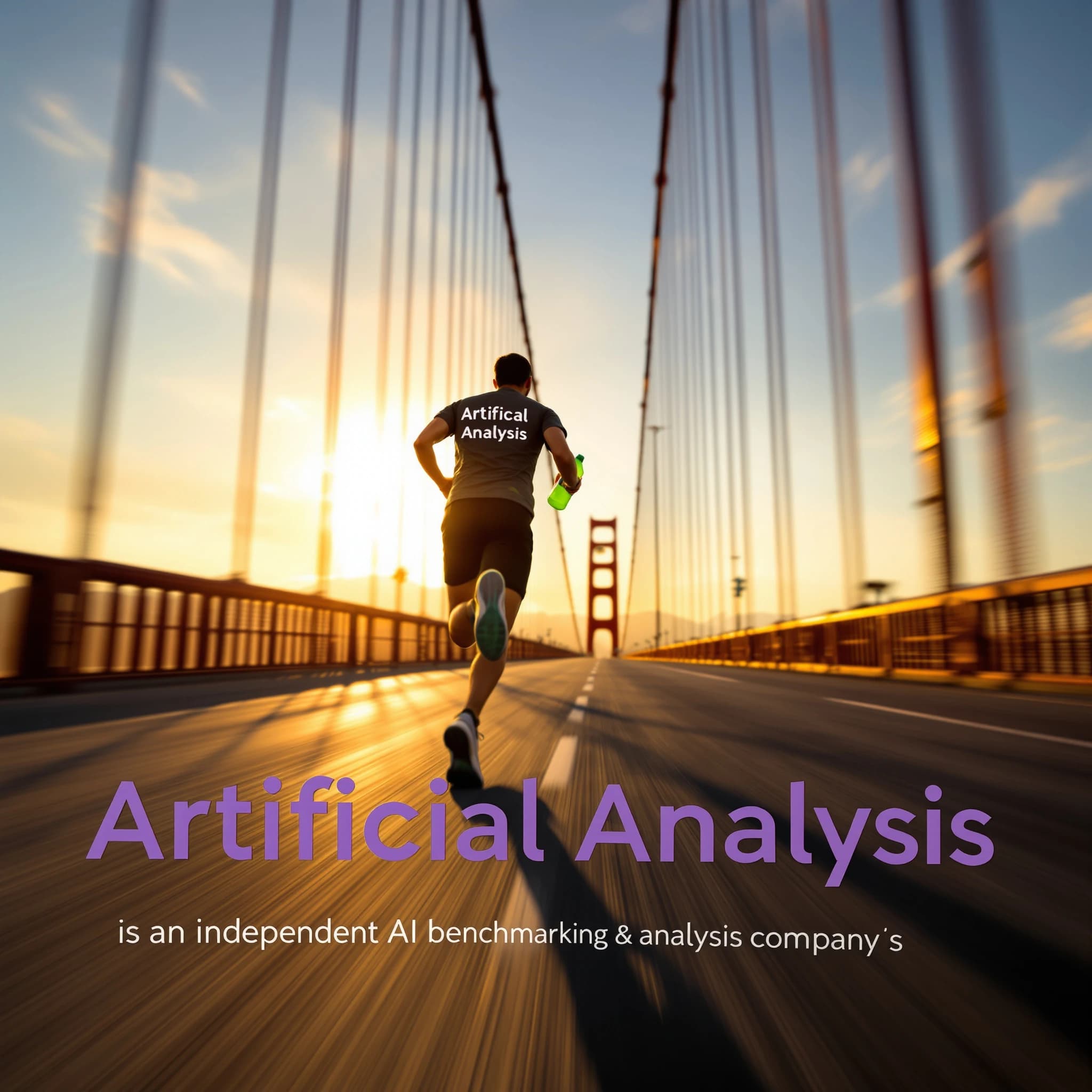 A runner dashes across the Golden Gate Bridge at dawn, sunlight streaming between cables. In their hand, they carry a neon-green sports drink with the brand name Artificial Analysis splashed boldly across the bottle. Motion blur emphasizes speed, while crisp purple sans serif typography overlays the bottom right of the scene with the tagline: Artificial Analysis is an independent AI benchmarking & analysis company