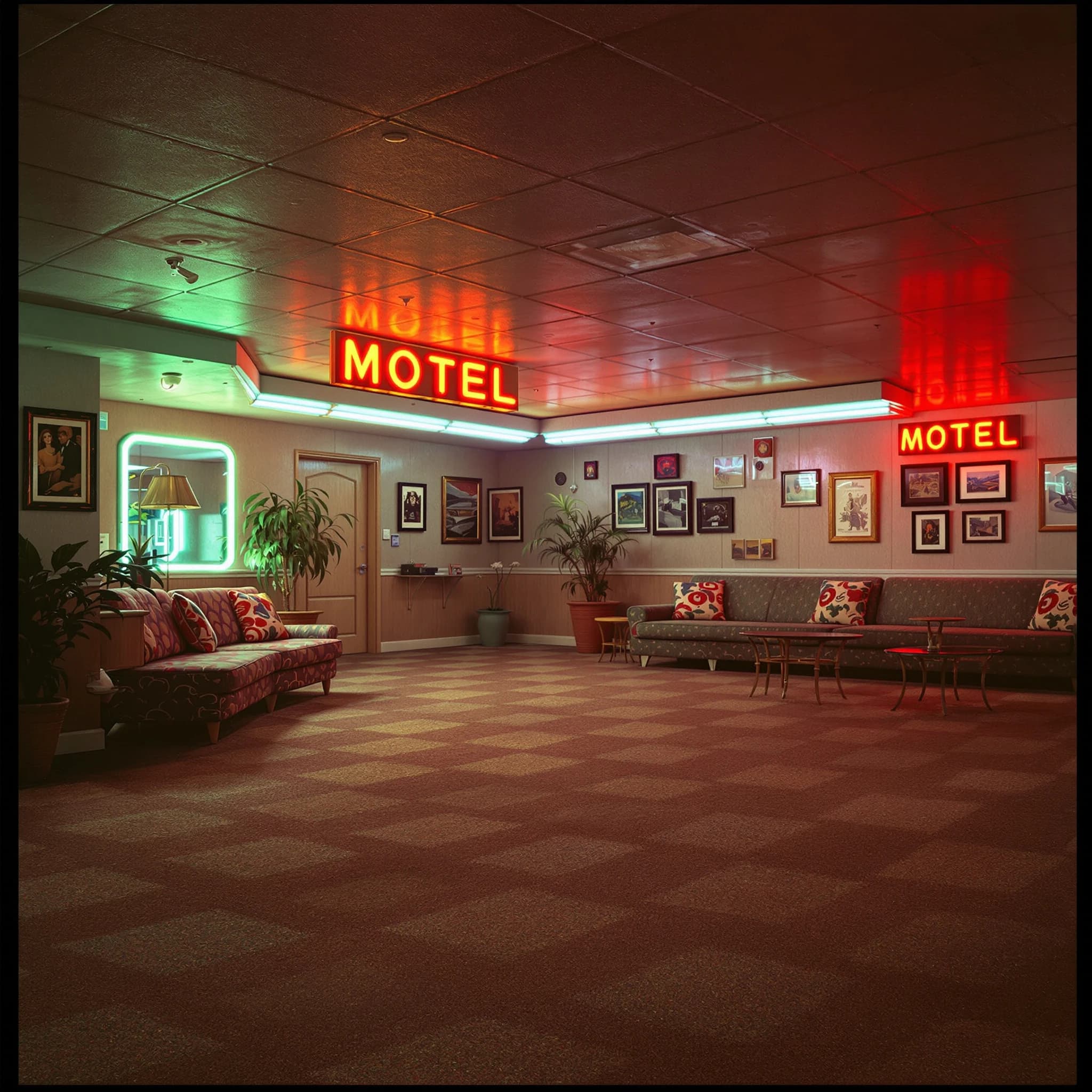 Show a faded 70s motel lobby with humming neon, sticky carpet, film grain.
