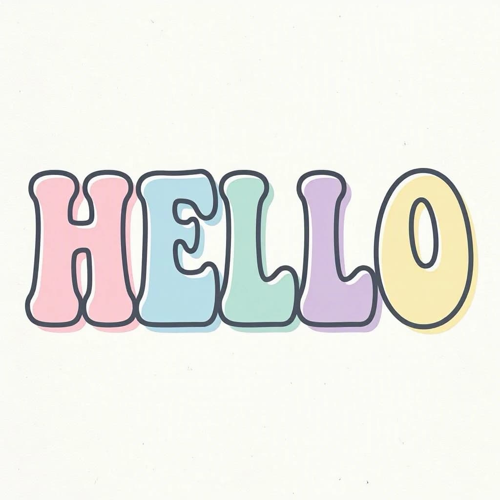 Make a bold bubble-letter poster that says HELLO, pastel palette, thick outline.