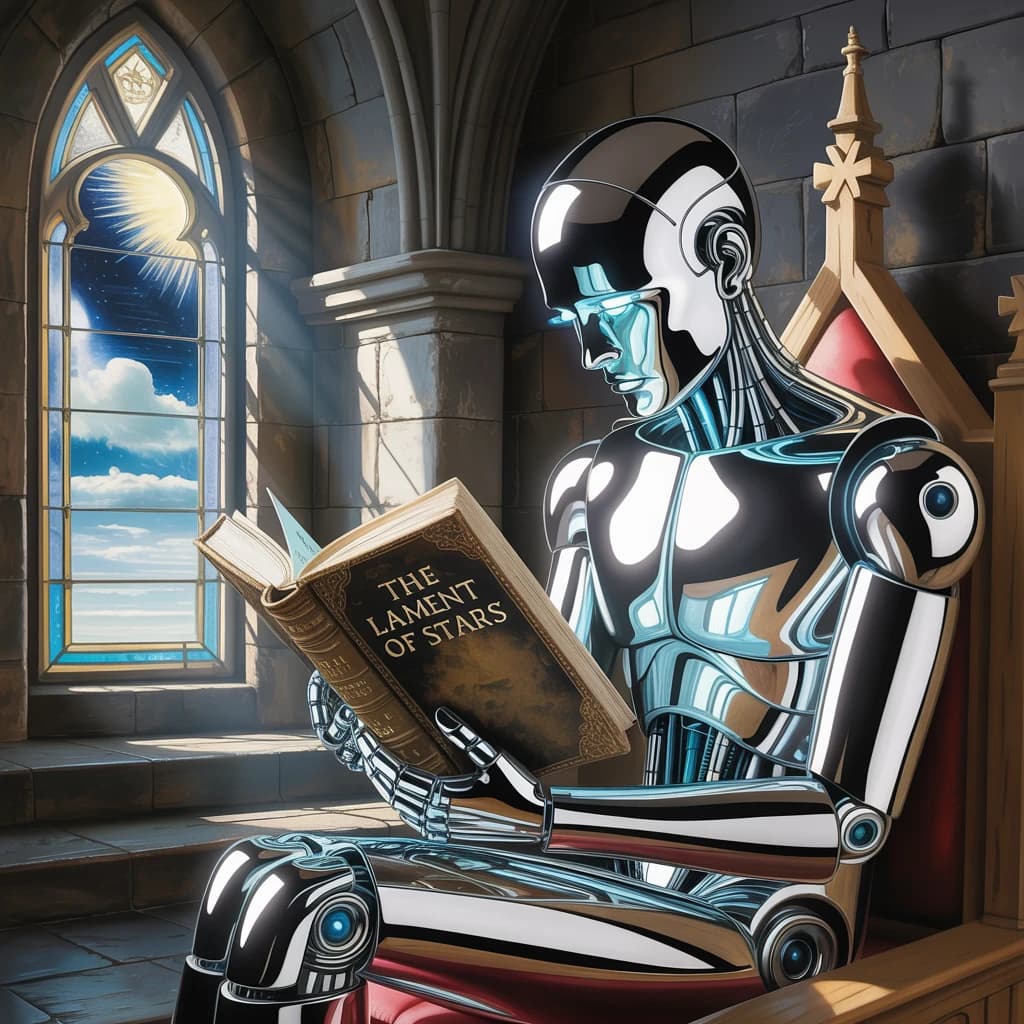 Oil painting of a chrome android reading in a stone chapel, a bit somber.