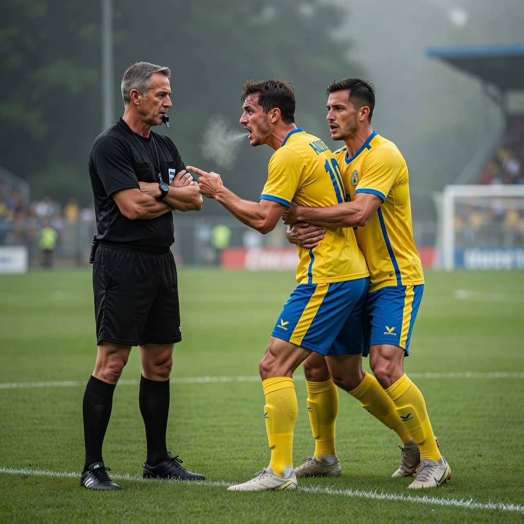 The soccer player clashes with the ref. It is thick and humid and the heat is getting to the players. His friend tries to pull him off before he causes any more trouble.