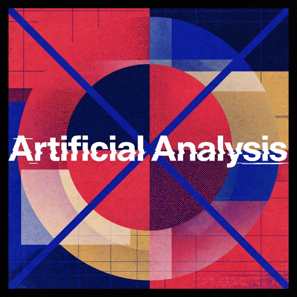 A bold poster composition dominated by flat geometric shapes in crimson, cobalt, and ochre. Overlapping circles and sharp diagonal lines create dynamic tension across the frame. A single sans-serif word — Artificial Analysis — stretches across the center in stark white, distorted slightly as though caught mid-glitch. The background is textured with halftone dots and faint grid lines, while subtle overlays of translucent rectangles suggest depth. Designed in the spirit of modernist Swiss typography fused with digital glitch aesthetics.