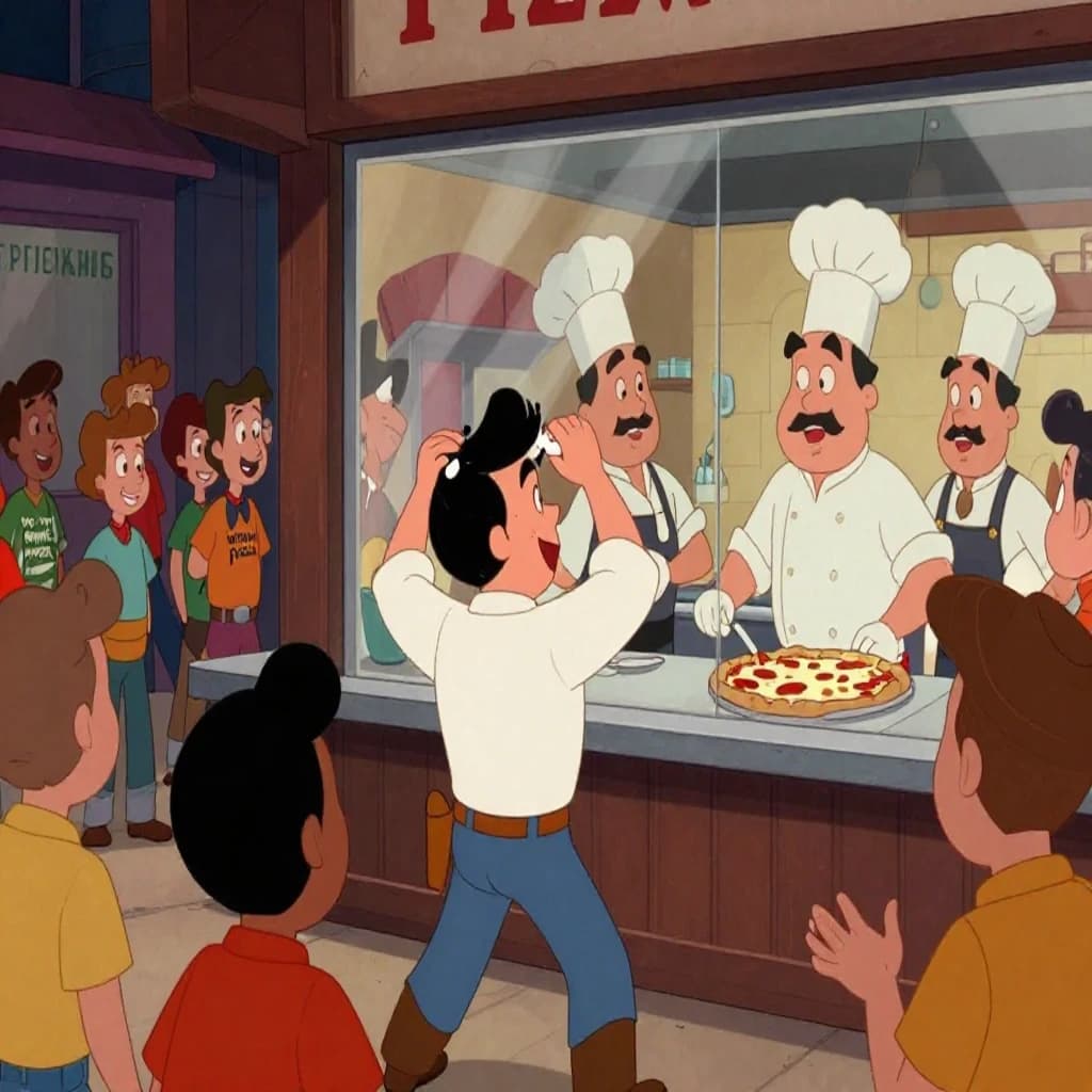 Pasquale is pulling his few remaining hairs out over a disaster at the pizzeria - the cooks are working as fast as they can but the crowds outside are swelling and they demand hot hot pizza! They are banging on the glass and some are wearing "we want pizza" shirts. 1980s western TV animation style.