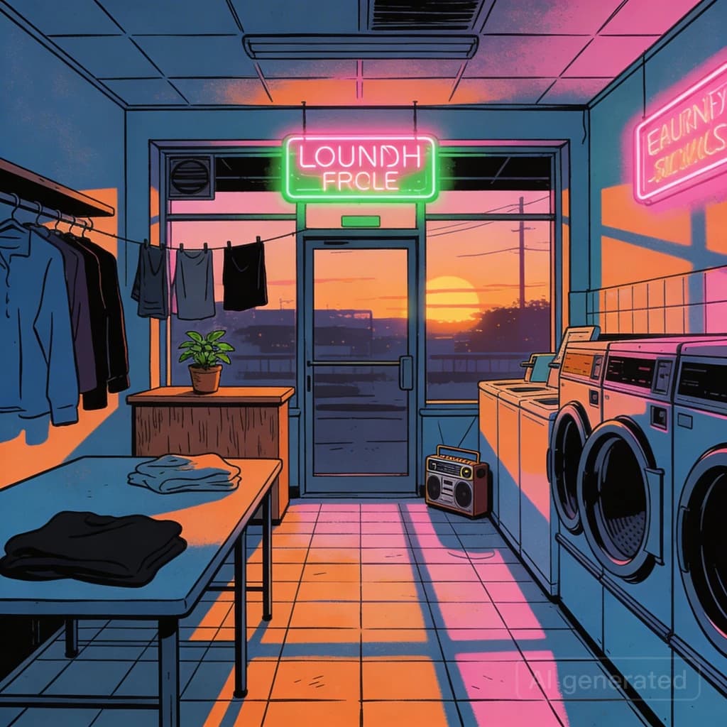 A cozy laundromat at dusk, neon humming, flat colors, bold inked lines.