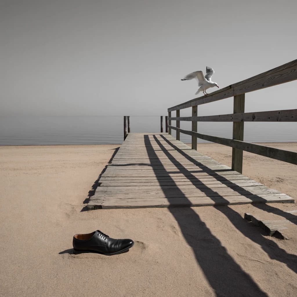 The beach is flat, sand beige, granular, no shells, except for a single left shoe, black leather, size eleven, half buried at an angle. The pier extends straight into the water, wood untreated, grain visible, though the support posts vanish before they touch the surface. The sky is uniformly gray, no clouds, yet shadows stretch at sharp diagonals. A single gull sits on the railing, wings outstretched, frozen mid-flap, no movement.
