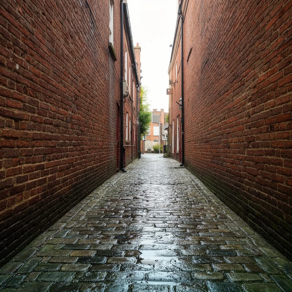 Show a narrow brick alley with wet cobblestones.