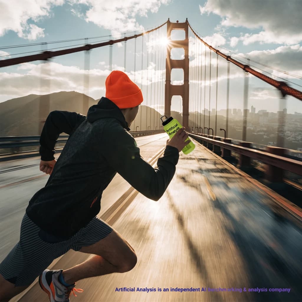 A runner dashes across the Golden Gate Bridge at dawn, sunlight streaming between cables. In their hand, they carry a neon-green sports drink with the brand name Artificial Analysis splashed boldly across the bottle. Motion blur emphasizes speed, while crisp purple sans serif typography overlays the bottom right of the scene with the tagline: Artificial Analysis is an independent AI benchmarking & analysis company