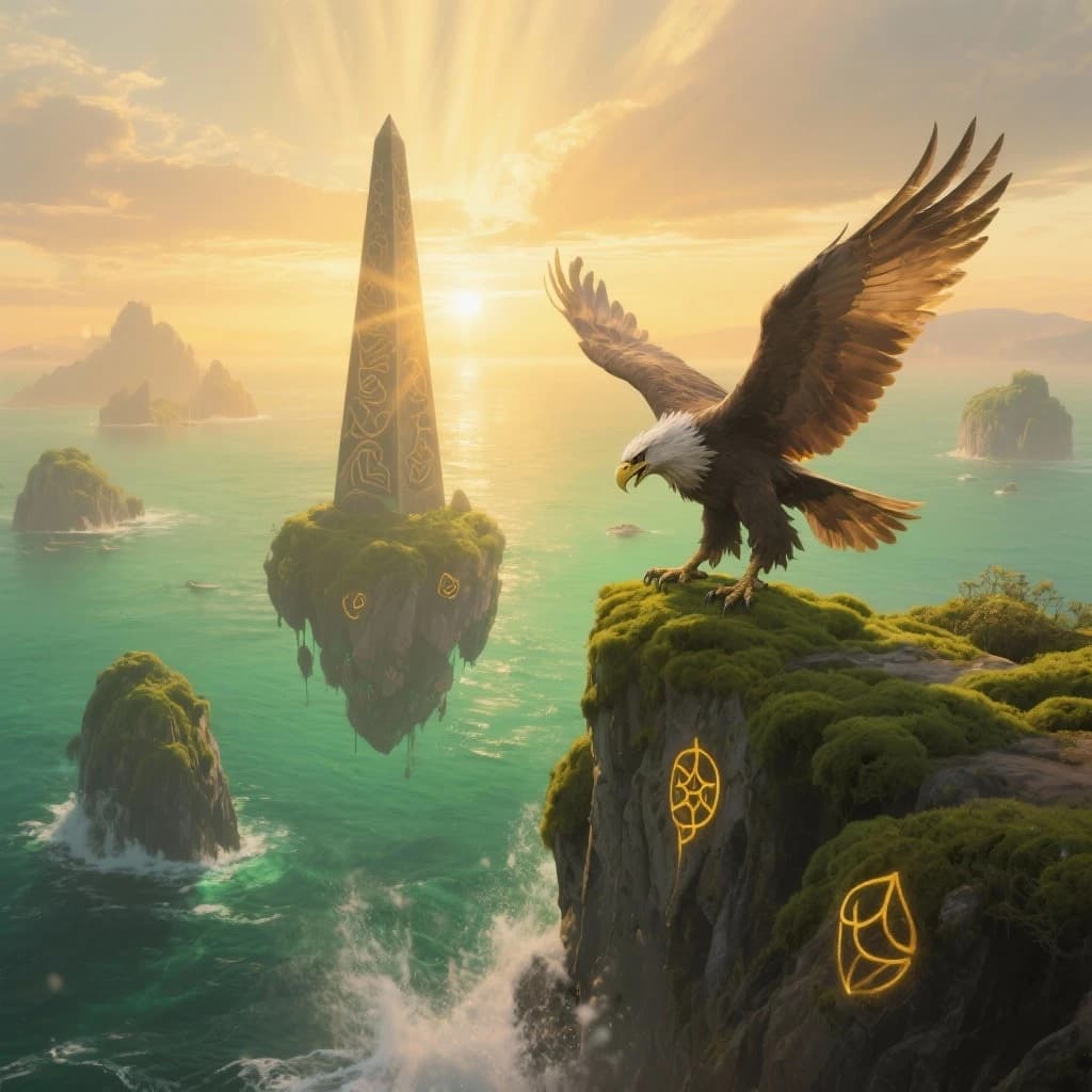 At dawn, a winged griffin lands on a mossy cliff above a jade sea beside a runed obelisk; floating isles drift under golden sunbeams, with a bit of sea spray and glowing runes.