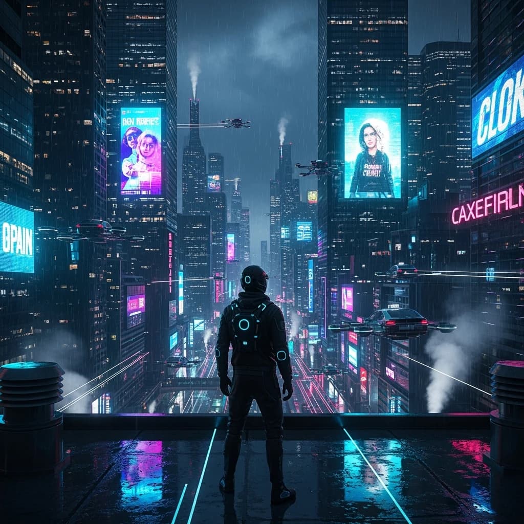 Rain-soaked neon megacity at night, flying taxis weave between glass towers, giant holograms flicker; a lone courier in a matte exosuit, somewhat cinematic wide angle.