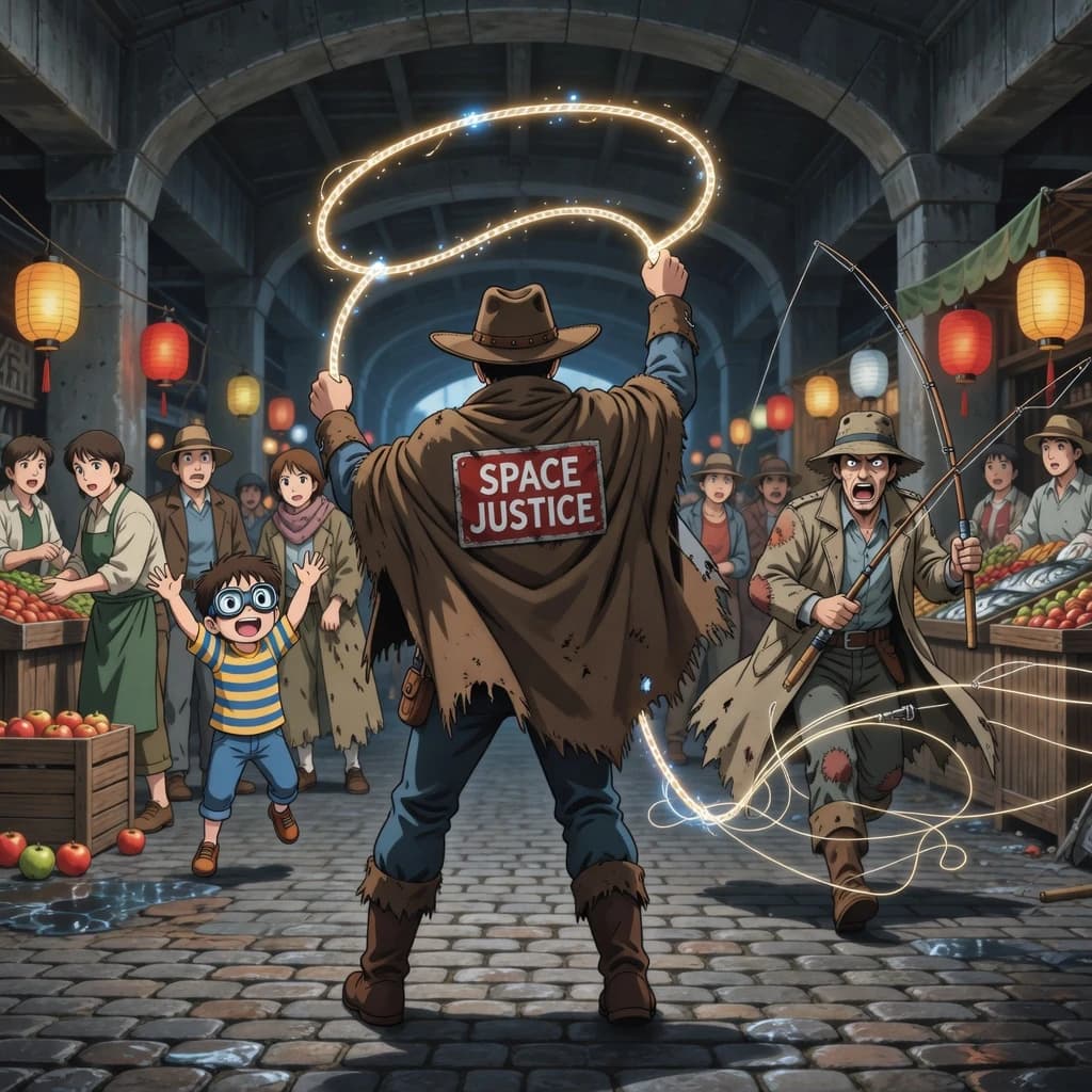 The space cowboy chases the deranged fisherman underneath the causeway, eager to collect on his bounty. Fishing rods and lines hang off the back off the fishermen as he darts between the bustling market crowd. We see the back of the space cowboy in his space poncho emblazoned with the words SPACE JUSTICE, spinning his lasso over his head. A child on the sidelines excitedly cheers the cowboy. 1990s hand drawn anime style with strong fluidity