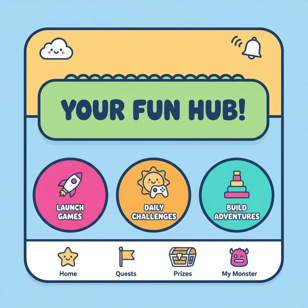 Playful mobile app dashboard, thick outlines, flat colors, friendly microcopy.
